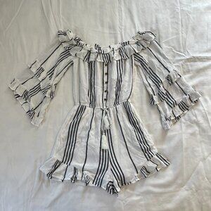 American Eagle White Black Stripe Boho Flare Sleeve Romper | Size XS
